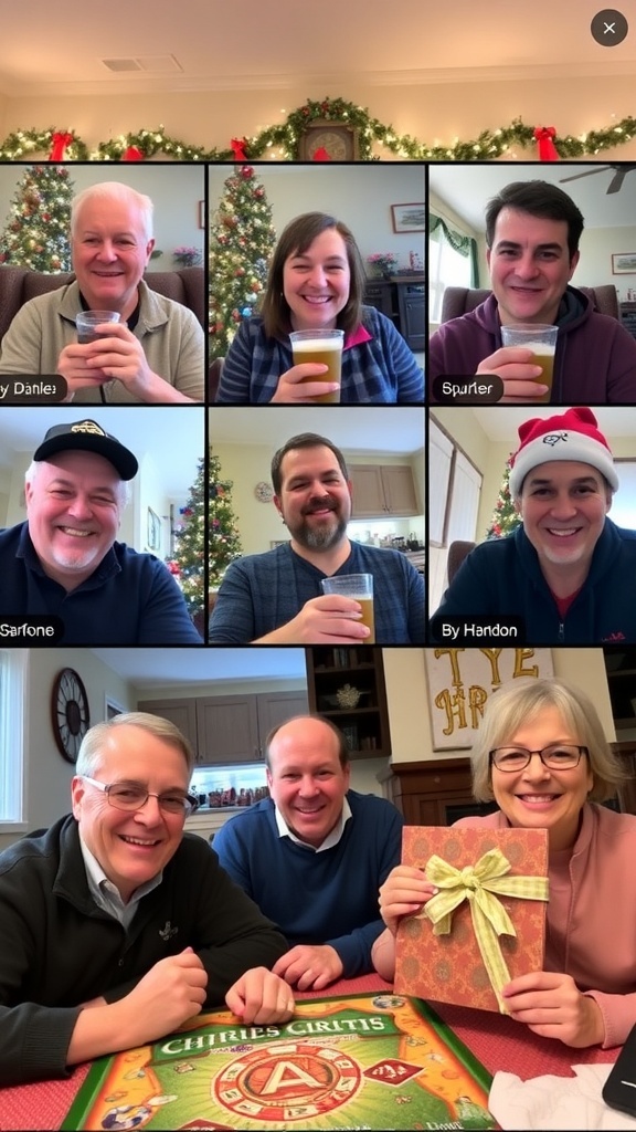 Adults on a Zoom call playing Christmas games, surrounded by holiday decorations.